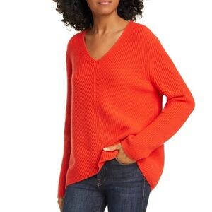 NWT Women’s Nordstrom Signature V-Neck 100% Cashmere Fiery Red Sweater Size MED